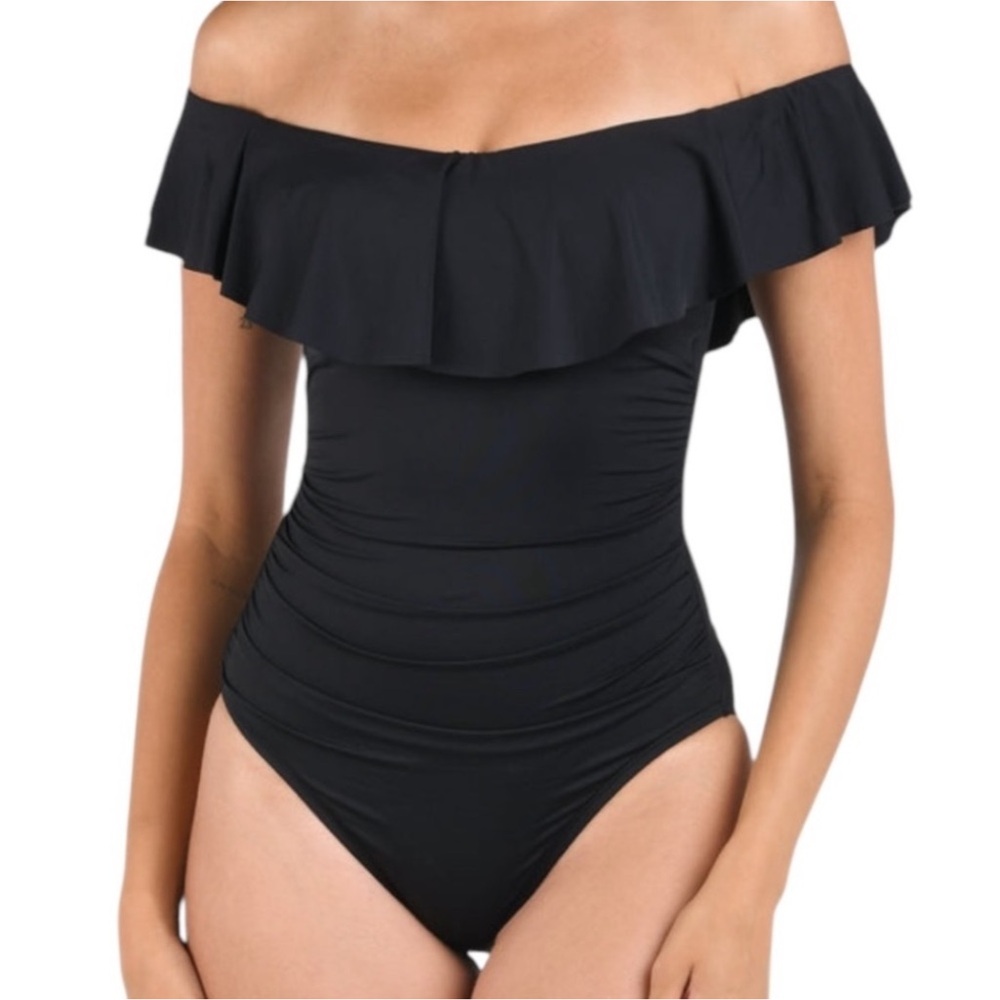 La Blanca Black Island Goddess Off The Shoulder Ruffle One Piece Swimsuit 14 NWT